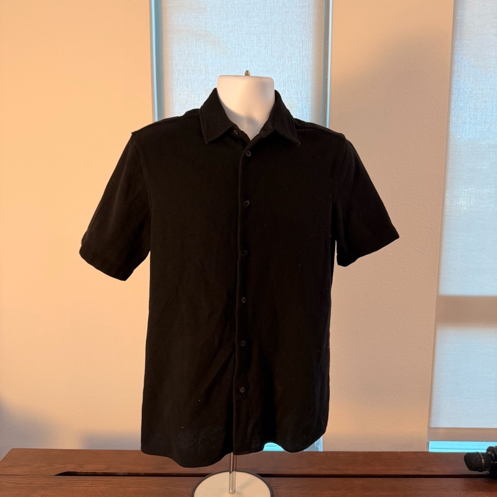 Zara Black Waffle Knit Button Shirt Men’s Medium Short Sleeve Texture Polo Style